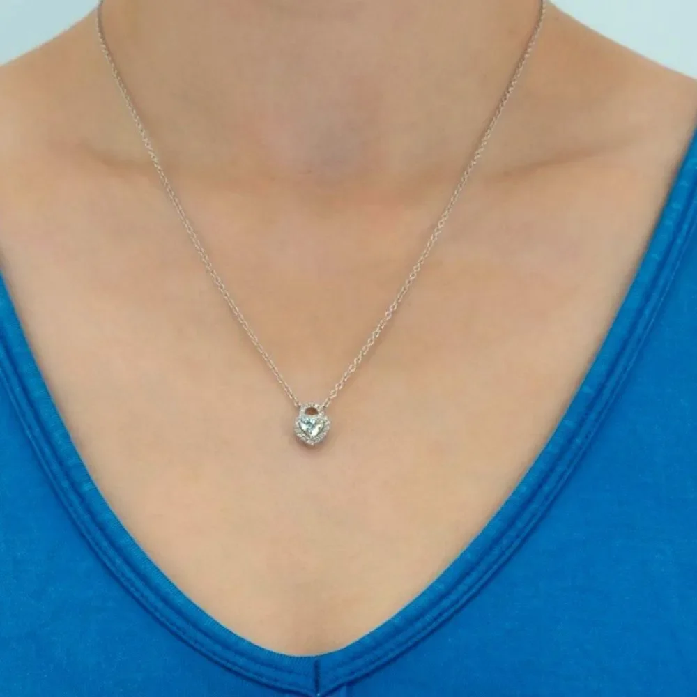 ♥️ Lovely Diamond Heart Lock Pendant Necklace 14K White Gold